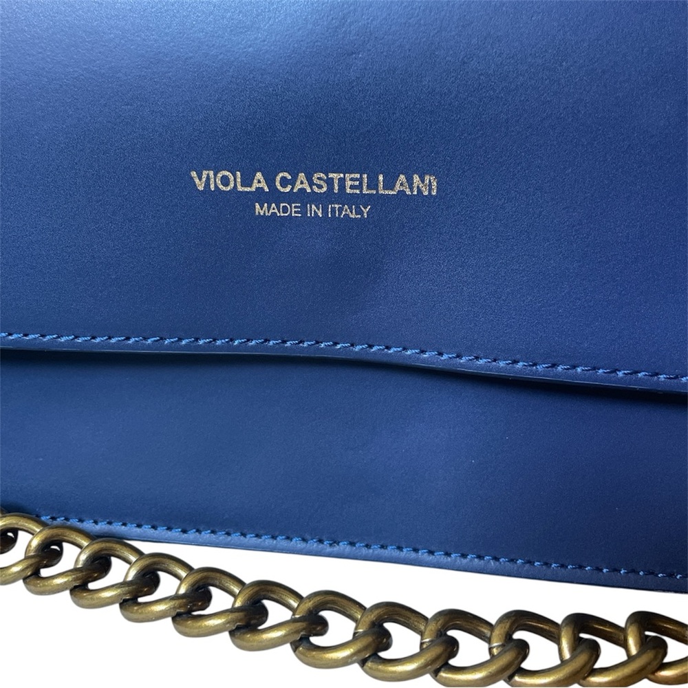 Viola Castellani Italy Navy Blue Leather Flap Over Gold Chain Clutch Purse - Picture 3 of 7
